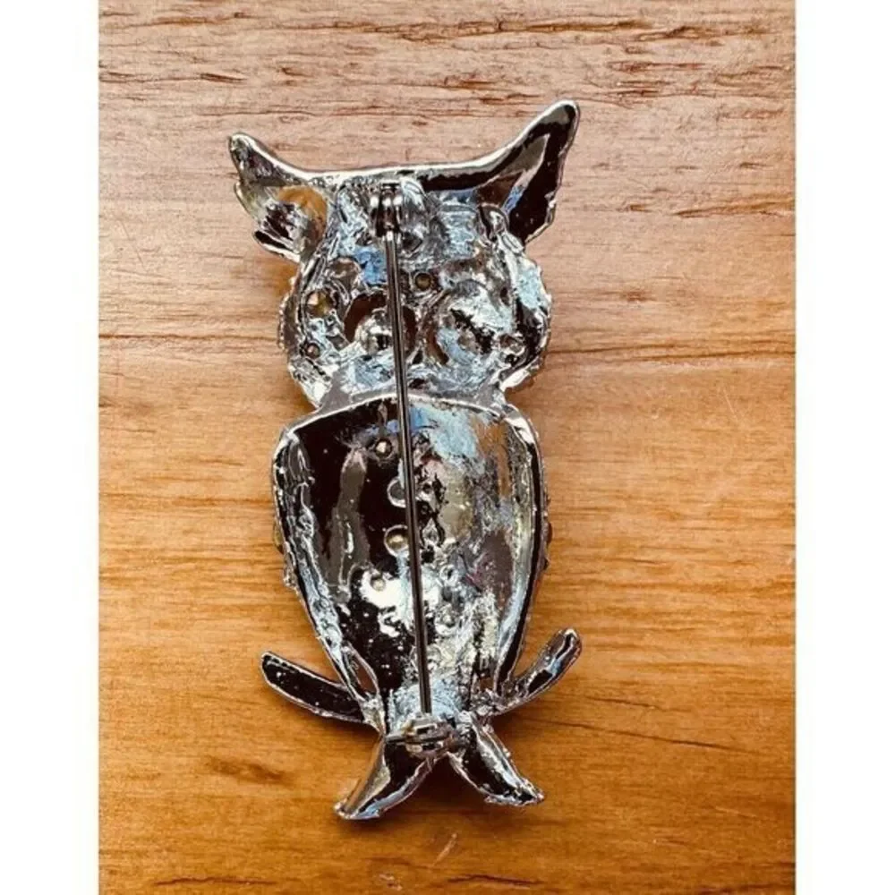 Vintage Silver-tone Baby Blue Rhinestone Owl Pin Brooch Blue Eyes Set‎ Of Two